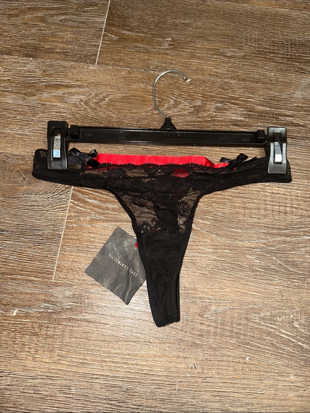Victoria's Secret Black Lace Thong with Red Lining